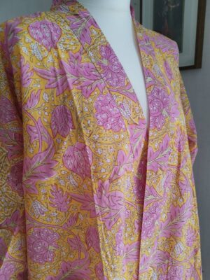 Cotton Bagru Handprint Kimono in Mughal Floral Garden - Image 3