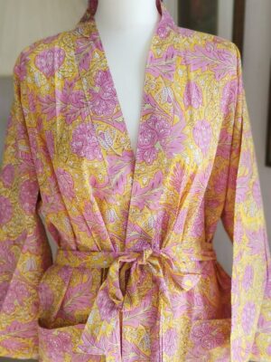 Cotton Bagru Handprint Kimono in Mughal Floral Garden - Image 4