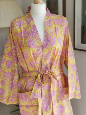 Cotton Bagru Handprint Kimono in Mughal Floral Garden - Image 5
