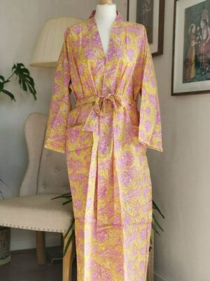 Cotton Bagru Handprint Kimono in Mughal Floral Garden - Image 6