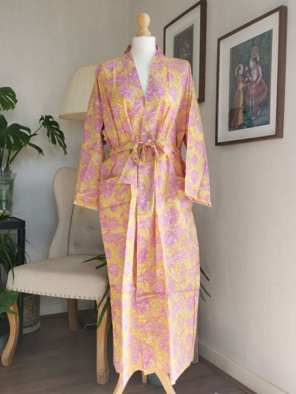 Cotton Bagru Handprint Kimono in Mughal Floral Garden