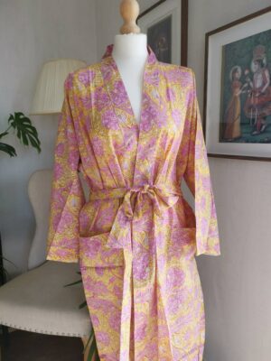 Cotton Bagru Handprint Kimono in Mughal Floral Garden - Image 7