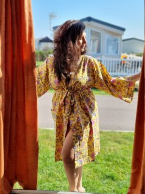 Pure Cotton Kimono in mix of Pink and yellow - Image 3