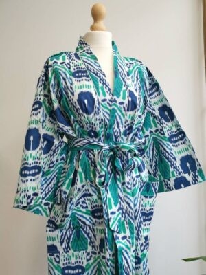 Pure Cotton Kimono in Aqua Blue & White Ikat Print - Image 2