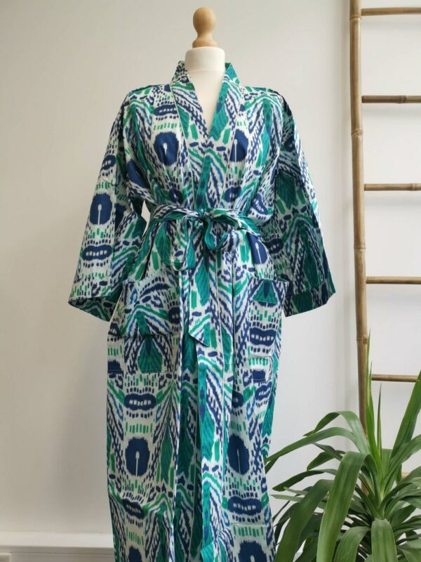 Pure Cotton Kimono in Aqua Blue & White Ikat Print