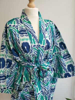 Pure Cotton Kimono in Aqua Blue & White Ikat Print - Image 3