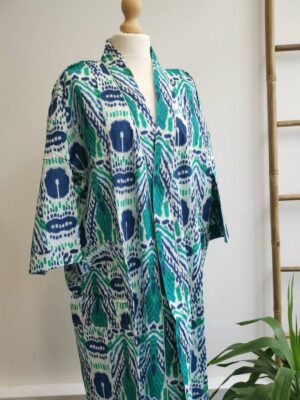 Pure Cotton Kimono in Aqua Blue & White Ikat Print - Image 5