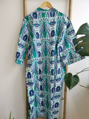 Pure Cotton Kimono in Aqua Blue & White Ikat Print - Image 6