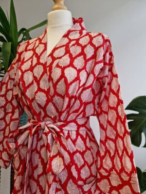 Pure Cotton Kimono in Bright Red White Leaves Motif - Image 2