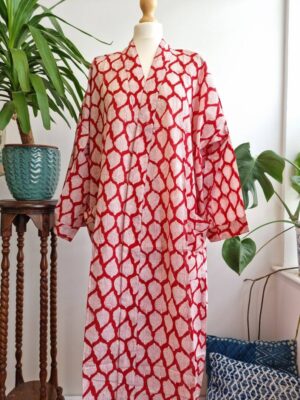 Pure Cotton Kimono in Bright Red White Leaves Motif - Image 3