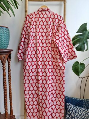 Pure Cotton Kimono in Bright Red White Leaves Motif - Image 4