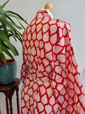 Pure Cotton Kimono in Bright Red White Leaves Motif - Image 5