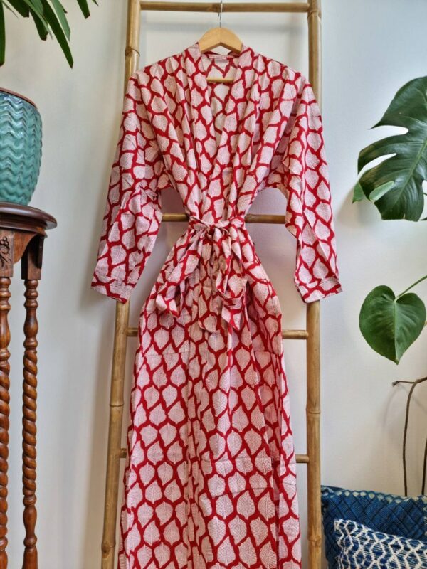 Pure Cotton Kimono in Bright Red White Leaves Motif