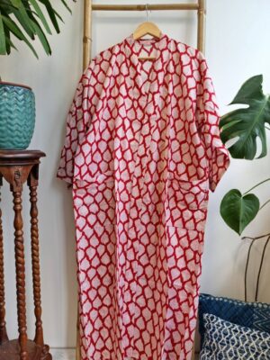 Pure Cotton Kimono in Bright Red White Leaves Motif - Image 6