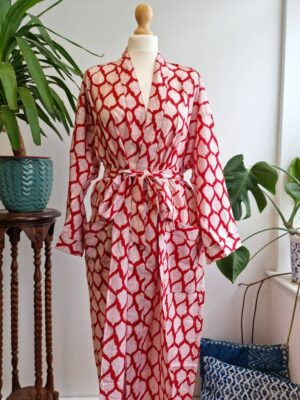 Pure Cotton Kimono in Bright Red White Leaves Motif - Image 7
