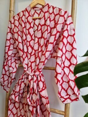 Pure Cotton Kimono in Bright Red White Leaves Motif - Image 8