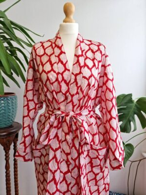 Pure Cotton Kimono in Bright Red White Leaves Motif - Image 9