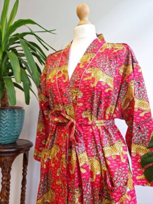 Pure Cotton Kimono in Royal Red Leopard Jungle Print - Image 2