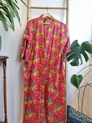 Pure Cotton Kimono in Royal Red Leopard Jungle Print - Image 3