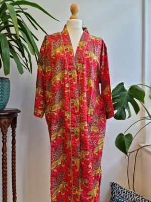 Pure Cotton Kimono in Royal Red Leopard Jungle Print - Image 5