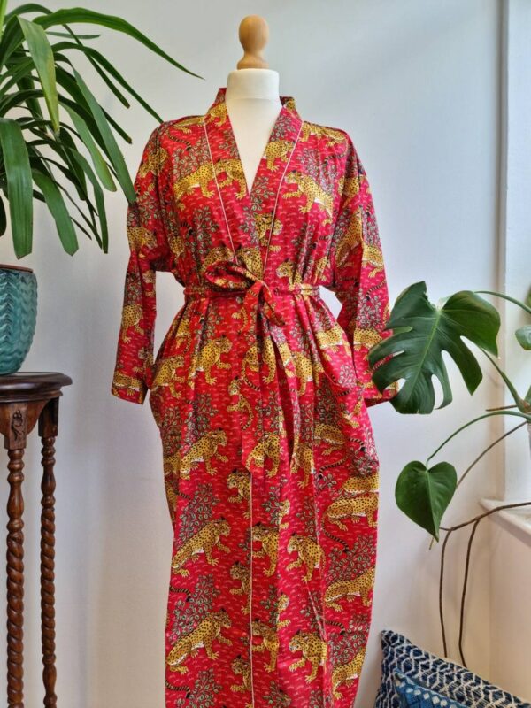 Pure Cotton Kimono in Royal Red Leopard Jungle Print