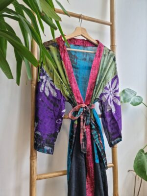 Recycled Vintage Cotton Kimono in Purple Olive Aqua Black Floral - Image 2