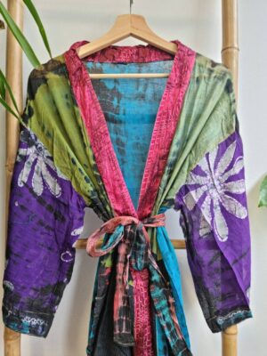 Recycled Vintage Cotton Kimono in Purple Olive Aqua Black Floral - Image 3