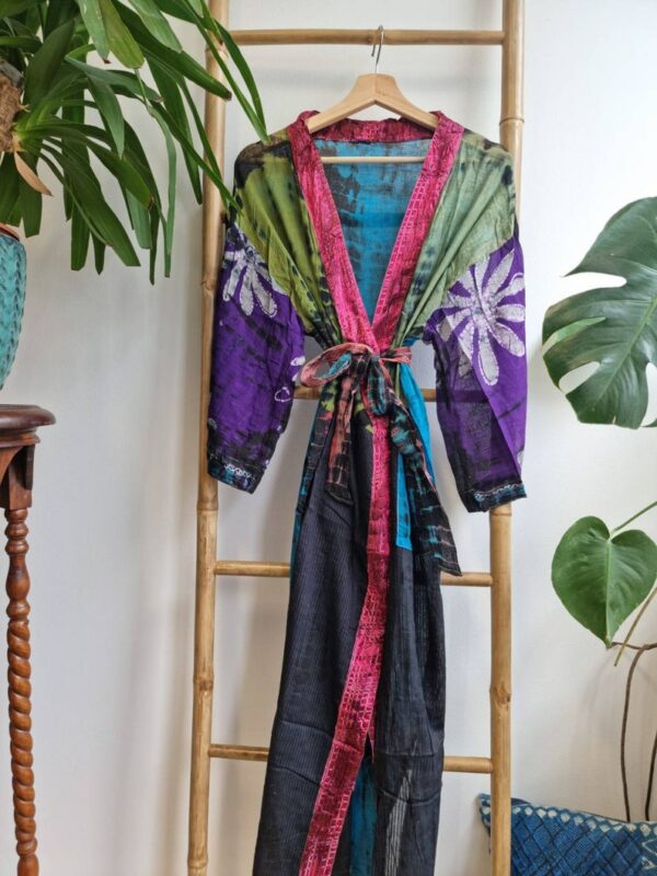 Recycled Vintage Cotton Kimono in Purple Olive Aqua Black Floral