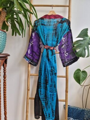 Recycled Vintage Cotton Kimono in Purple Olive Aqua Black Floral - Image 4