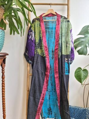 Recycled Vintage Cotton Kimono in Purple Olive Aqua Black Floral - Image 5