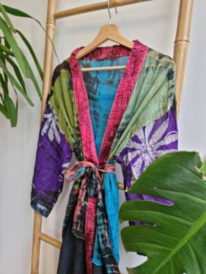 Recycled Vintage Cotton Kimono in Purple Olive Aqua Black Floral - Image 7
