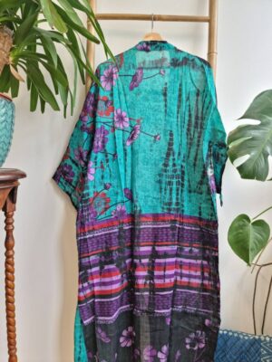 Recycled Vintage Kimono in Turquoise Purple Garden of Joy - Image 6
