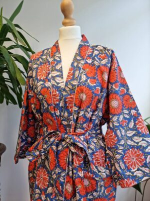 Pure Cotton Kimono in co9ntast of Botanical Leaves and Quirky shades - Image 2