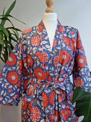 Pure Cotton Kimono in co9ntast of Botanical Leaves and Quirky shades - Image 3