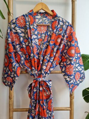 Pure Cotton Kimono in co9ntast of Botanical Leaves and Quirky shades - Image 5