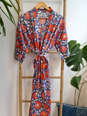 Pure Cotton Kimono in co9ntast of Botanical Leaves and Quirky shades - Image 6