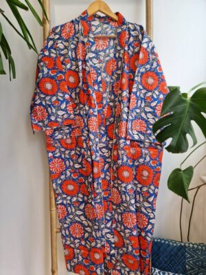 Pure Cotton Kimono in co9ntast of Botanical Leaves and Quirky shades - Image 8