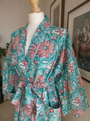 Pure Cotton Indigo Kimono in Sea Aqua Red Bloom - Image 2