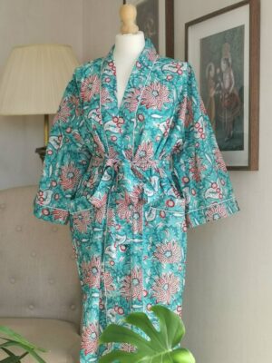 Pure Cotton Indigo Kimono in Sea Aqua Red Bloom - Image 3