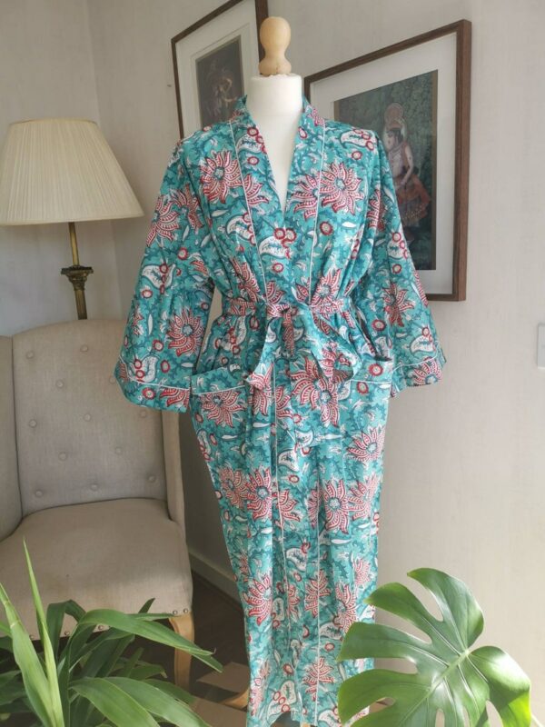 Pure Cotton Indigo Kimono in Sea Aqua Red Bloom