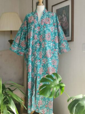 Pure Cotton Indigo Kimono in Sea Aqua Red Bloom - Image 4