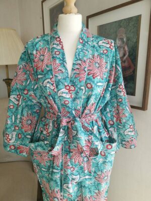 Pure Cotton Indigo Kimono in Sea Aqua Red Bloom - Image 5