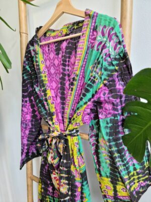 Recycled Vintage Cotton Kimono in Mustard Pink Green Yellow Black - Image 2