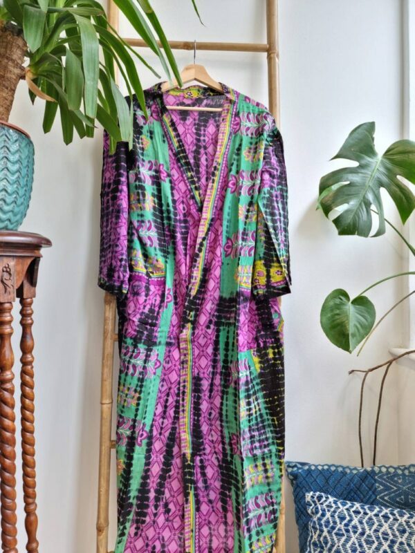 Recycled Vintage Cotton Kimono in Mustard Pink Green Yellow Black