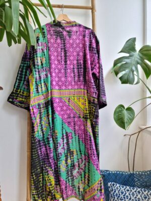 Recycled Vintage Cotton Kimono in Mustard Pink Green Yellow Black - Image 3