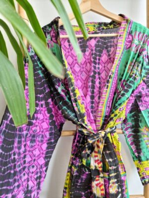 Recycled Vintage Cotton Kimono in Mustard Pink Green Yellow Black - Image 4