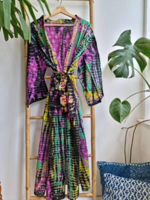 Recycled Vintage Cotton Kimono in Mustard Pink Green Yellow Black - Image 5