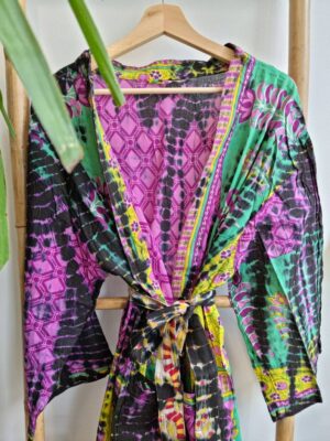 Recycled Vintage Cotton Kimono in Mustard Pink Green Yellow Black - Image 6
