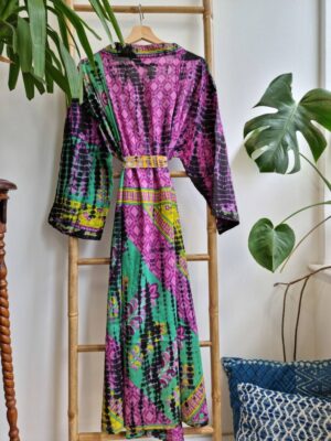 Recycled Vintage Cotton Kimono in Mustard Pink Green Yellow Black - Image 7