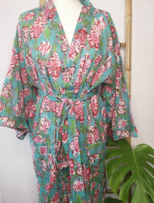 Pure Cotton Handprinted Kimono Aqua Green Pink Gardenia - Image 2